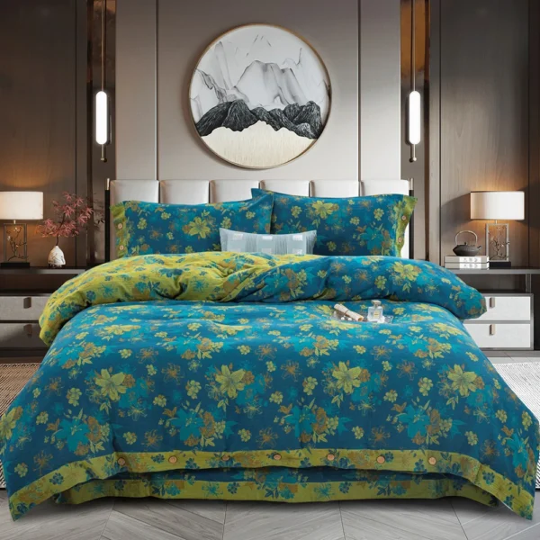 百合颂蓝色 Baby Friendly Safe Cotton Double Gauze Four-Piece Bed Set, Dual-Sided Jacquard Yarn Dyed Fabric, A Standard No Fluorescent with Button Closure