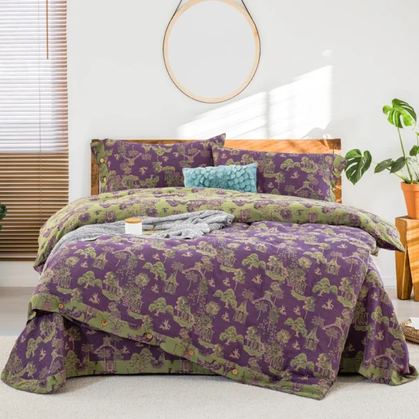 石亭仙树紫色 Double Layer Cotton Gauze Bed Sheet Set, Breathable Skin-Friendly 4pcs Bedding For All Seasons