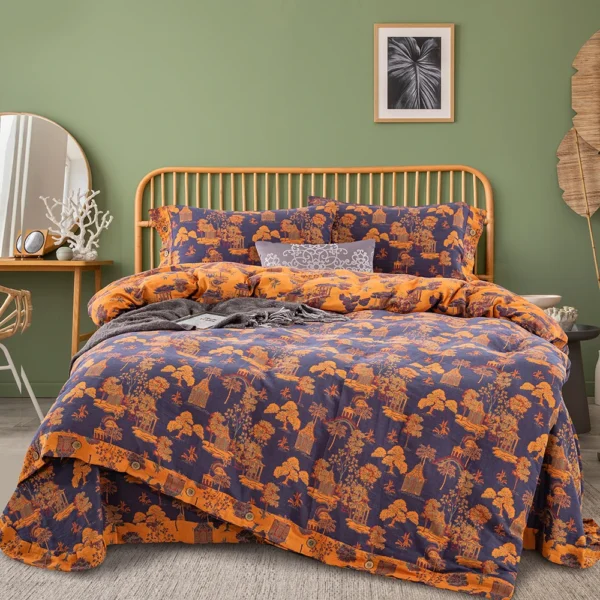 石亭仙树蓝色 Double Layer Cotton Gauze Bed Sheet Set, Breathable Skin-Friendly 4pcs Bedding For All Seasons
