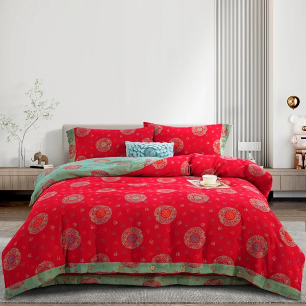 福到了 Baby Friendly Safe Cotton Double Gauze Four-Piece Bed Set, Dual-Sided Jacquard Yarn Dyed Fabric, A Standard No Fluorescent with Button Closure