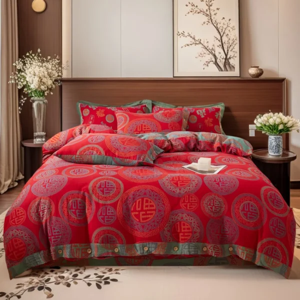 福星高照 Baby Friendly Safe Cotton Double Gauze Four-Piece Bed Set, Dual-Sided Jacquard Yarn Dyed Fabric, A Standard No Fluorescent with Button Closure