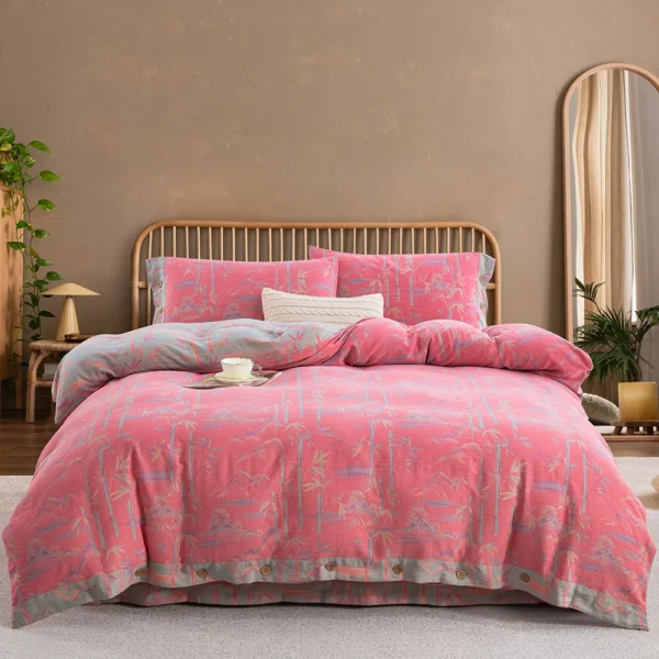 竹报平安 Double Layer Gauze Cotton 4 Pieces Bedding Set, Easy Care Breathable Muslin Sheets That Gets Softer After Washing