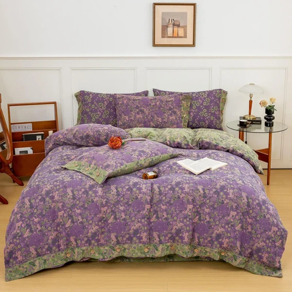 紫色花语 Double Layer Gauze Cotton 4 Pieces Bedding Set, Easy Care Breathable Muslin Sheets That Gets Softer After Washing