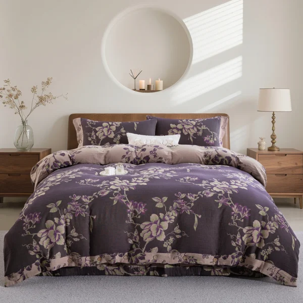 紫菱花 Double Layer Gauze Cotton 4 Pieces Bedding Set, Easy Care Breathable Muslin Sheets That Gets Softer After Washing