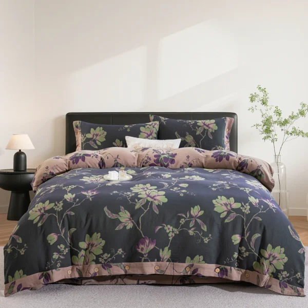 Yarn-Dyed Jacquard All-Cotton Double Gauze 4-Piece Bedding Kit, Dual-Side Usable A-Class Zero Fluorescence Bed Linens with Button Opening
