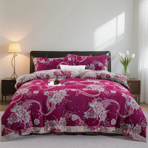 Yarn-Dyed Jacquard All-Cotton Double Gauze 4-Piece Bedding Kit, Dual-Side Usable A-Class Zero Fluorescence Bed Linens with Button Opening