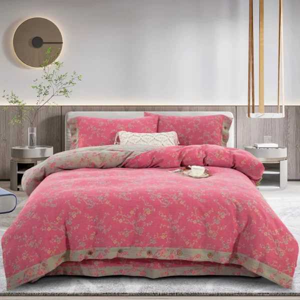 腊梅粉 100% Cotton Double Gauze 4-Piece Bedding Set – Reversible Yarn-Dyed Floral Jacquard