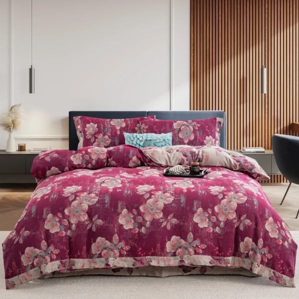 花开四季2 100% Cotton Double Gauze Four‑Piece Bedding Set, A‑Class Safe Yarn‑Dyed Jacquard Reversible Floral Duvet Cover Set