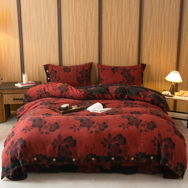 花溪 100% Cotton Double Gauze Four‑Piece Bedding Set, A‑Class Safe Yarn‑Dyed Jacquard Reversible Floral Duvet Cover Set