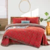 花间物语红色 100% Cotton Double Gauze Four‑Piece Bedding Set, A‑Class Safe Yarn‑Dyed Jacquard Reversible Floral Duvet Cover Set