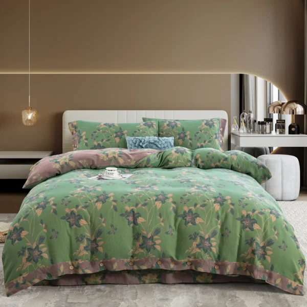 花间百合 100% Cotton Double Gauze Four‑Piece Bedding Set, A‑Class Safe Yarn‑Dyed Jacquard Reversible Floral Duvet Cover Set