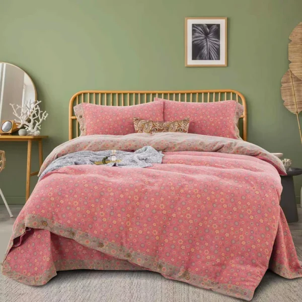 花香四溢粉色 100% Cotton Double Gauze 4-Piece Bedding Set – Reversible Yarn-Dyed Floral Jacquard