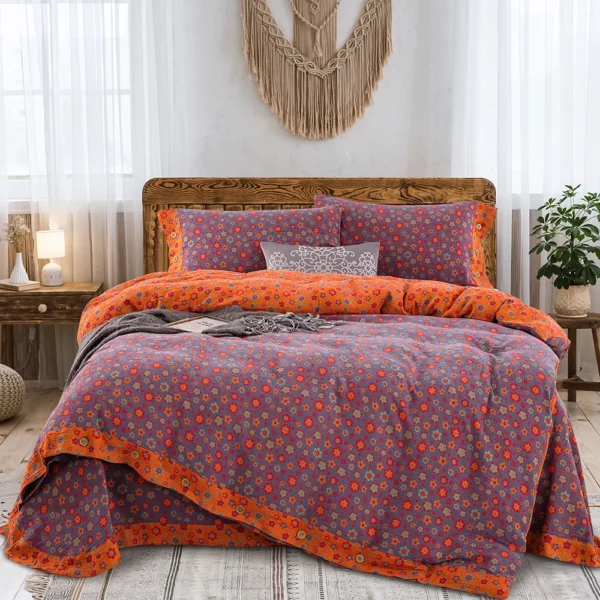 花香四溢紫色 100% Cotton Double Gauze Four‑Piece Bedding Set, A‑Class Safe Yarn‑Dyed Jacquard Reversible Floral Duvet Cover Set