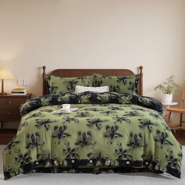 Yarn-Dyed Jacquard All-Cotton Double Gauze 4-Piece Bedding Kit, Dual-Side Usable A-Class Zero Fluorescence Bed Linens with Button Opening