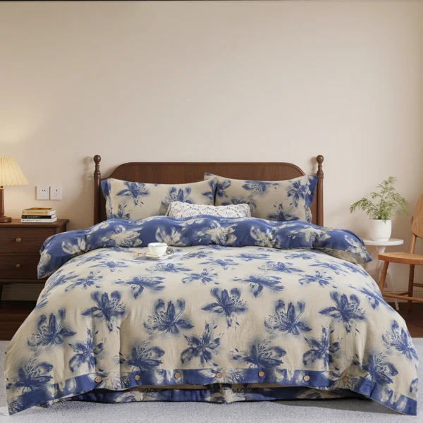 Yarn-Dyed Jacquard All-Cotton Double Gauze 4-Piece Bedding Kit, Dual-Side Usable A-Class Zero Fluorescence Bed Linens with Button Opening