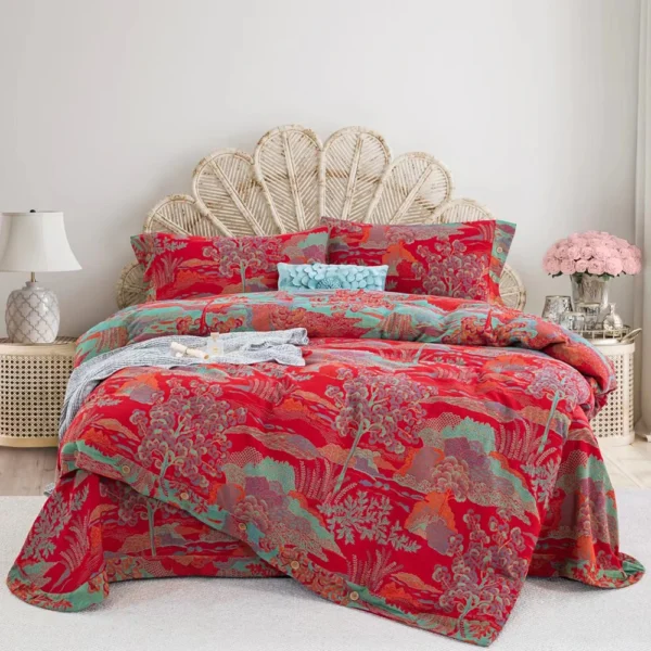 All Season 100% Cotton Double Gauze 4 Piece Bedding Set, A Class Safe Reversible Floral Quilt Cover for King Queen Bed