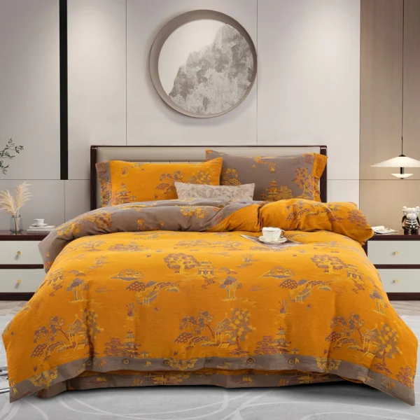 100% Cotton Double Layer Muslin Bedding Set, A-Class Baby Safe 4 Pieces Duvet Cover Sheet Pillowcases, Soft Breathable All Season Bed Linen