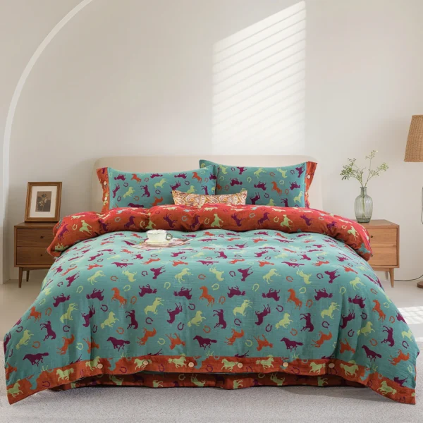 马到成功2 Pure Cotton Double Gauze Duvet Cover – Soft as a Gentle Breeze, Featuring Vintage Chinese Botanical Illustrations, Lightweight & Skin-Friendly