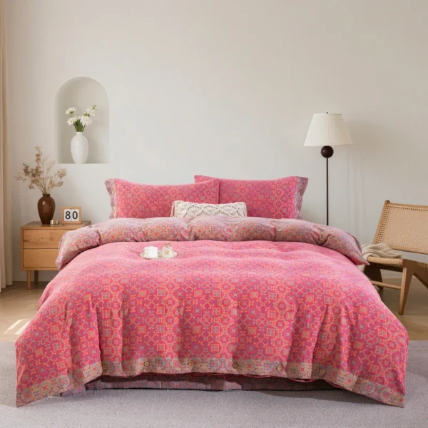 100% Cotton Double Layer Muslin Bedding Set, A-Class Baby Safe 4 Pieces Duvet Cover Sheet Pillowcases, Soft Breathable All Season Bed Linen